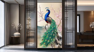 中式玄关处的孔雀精美画作