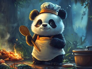 熊猫大厨在森林烹饪美食