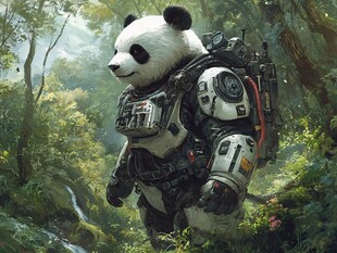 熊猫宇航员漫步森林
