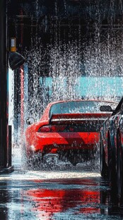 红色跑车在自动洗车机中清洗