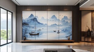 中式客厅的山水艺术壁画