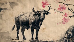 水墨风牛与烂漫花枝图