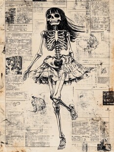 骷髅少女漫步复古报纸背景