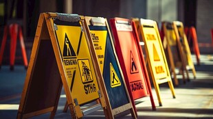 一排多样的地面警示标识牌