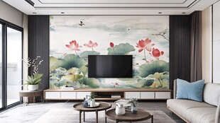 中式客厅水墨荷花电视背景墙