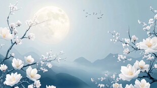 月夜玉兰花枝映远山