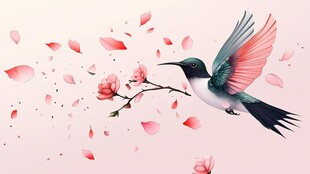 蜂鸟戏花 花瓣纷飞