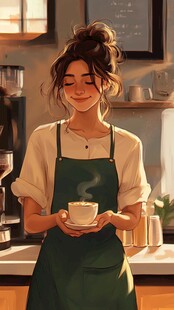 咖啡店中微笑的围裙女孩