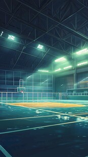 梦幻室内篮球场灯光夜景