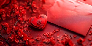 红心贺卡与烂漫红花