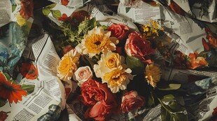 报纸上的多彩鲜花组合