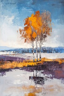 秋景湖畔双树油画