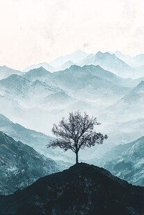 孤树傲立群山间