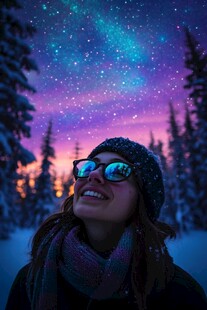 雪地仰望星空的微笑女子