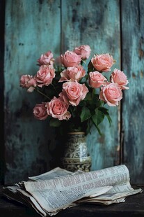 复古风花瓶中的粉嫩玫瑰