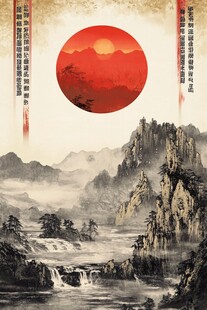 红日映山川国画风景图