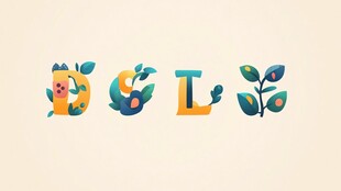 可爱卡通字母与绿植组合