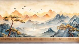 中式山水壁画 飞鸟迎客松