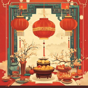 中式新春佳节室内布置图景