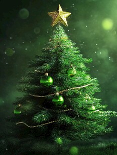绿色圣诞树配金色星星装饰