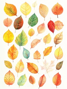 水彩绘多彩秋叶集合