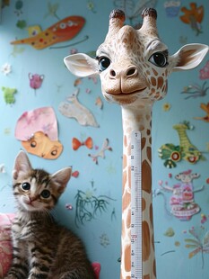 小猫与长颈鹿身高尺的萌趣时刻