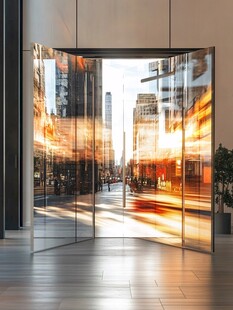 旋转门内望城市繁华景象