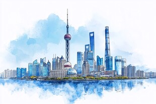 上海外滩水彩风城市天际线
