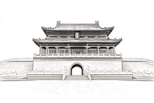 中式古建筑门楼线稿图