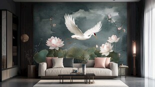 中式客厅 仙鹤荷花壁画之美