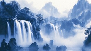 水墨山水间的瀑布奇观