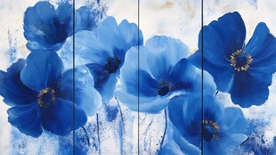蓝色花卉三联抽象艺术画