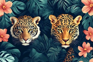 双豹与繁花绿叶插画