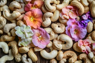腰果与缤纷花朵的美妙组合