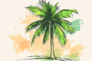 手绘绿色椰子树水彩背景图