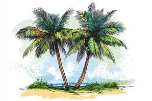 海边双椰树水彩插画