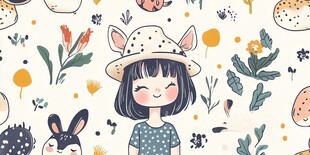 可爱女孩置身萌趣动物花草间