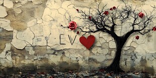 墙上枯树爱心浪漫景象