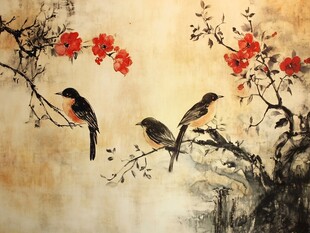 花鸟国画 三鸟栖枝赏繁花