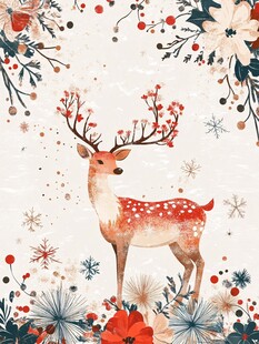 冬日梦幻小鹿花卉插画