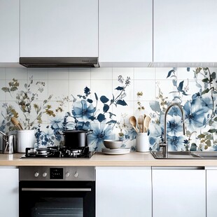 蓝白花卉风现代厨房一角