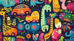 童趣动物汽车插画图案