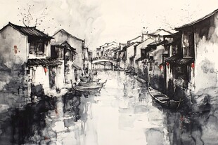 水墨江南水乡小巷景致