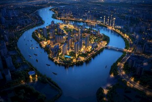 城市河畔璀璨夜景俯瞰图