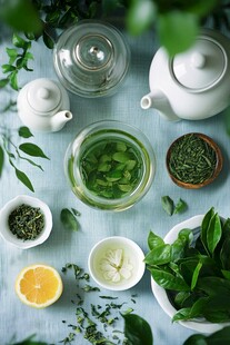 清新茶饮与多样绿植组合