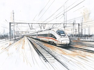 手绘高铁行驶在铁轨场景