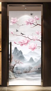 中式玉兰花鸟山水门画