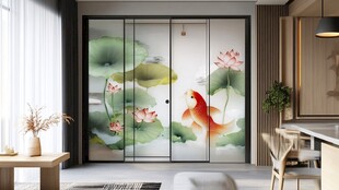 中式荷花金鱼移门装饰画