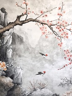 春日花鸟山水国画意境图