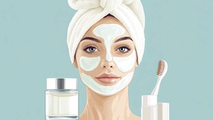 敷面膜的女性与护肤用品